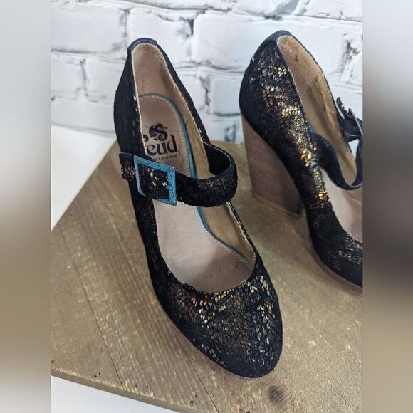 Feud Britannia Handmade shoes Snakeskin print chucky wedge style 6 mary janes - Picture 3 of 10